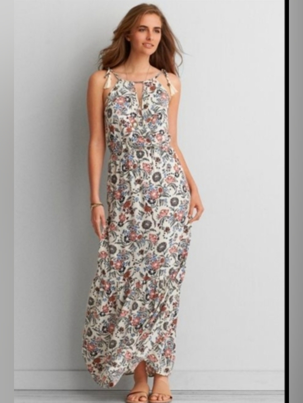 American Eagle Outfitters Cream Floral Tie-Shoulder Maxi Dress